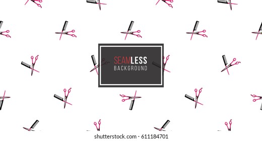 Contrasty seamless pattern with scissors and hairbrush for beauty salons or shops. Inspired by fashion professional hairdressers tools. Vector background with isolated elements on white backdrop.