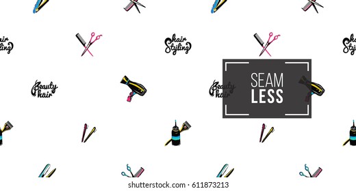 Contrasty seamless pattern with scissors and hairbrush, hair styling, dryer, barrette, coloring tools, hair iron, comb for beauty salons or shops. Inspired by fashion professional hairdressers tools.