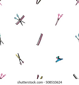 Contrasty seamless pattern with scissors, hairclip, barrette, comb, hairbrush for beauty salons or shops. Inspired by fashion professional hairdressers tools. Vector background.