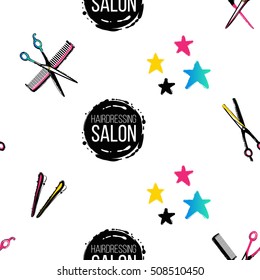 Contrasty seamless pattern with stars, hairdressing salon logo, thinning scissors, barrette, comb for beauty salons or shops. Inspired by fashion professional hairdressers tools. Vector background.