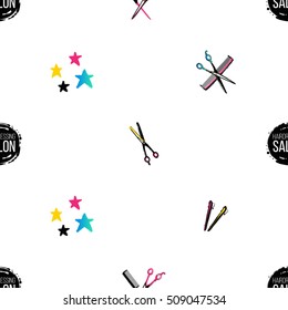 Contrasty seamless pattern with stars, thinning scissors, barrette, hairbrush, comb for beauty salons or shops. Inspired by fashion professional hairdressers tools. Vector background.
