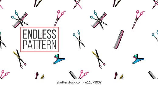 Contrasty seamless pattern with thinning, hairdressing scissors, hairclip, barrette, comb, hairbrush for beauty salons or shops. Inspired by fashion professional hairdressers tools.