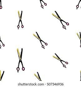 Contrasty seamless pattern with thinning scissors for beauty salons or shops. Inspired by fashion professional hairdressers tools. Vector background with isolated elements on white backdrop.