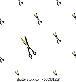 Contrasty seamless pattern with thinning scissors for beauty salons or shops. Inspired by fashion professional hairdressers tools. Vector background with isolated elements on white backdrop.