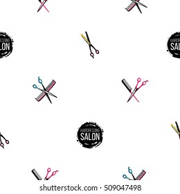 Contrasty seamless pattern with thinning scissors, hairbrush, comb for beauty salons or shops. Inspired by fashion hairdressers tools. Vector background with isolated elements on white backdrop.