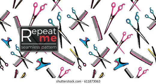 Contrasty seamless pattern with thinning scissors, hairdressing, hairclip, barrette, comb, hairbrush comb for beauty salons or shops. Inspired by fashion professional hairdressers tools.