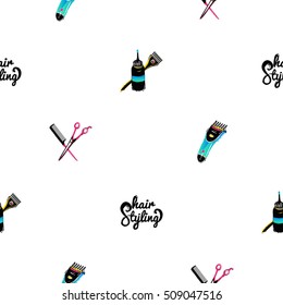 Contrasty seamless pattern with trimmer, coloring tools, scissors, hairbrush for beauty salons or shops. Inspired by fashion professional hairdressers tools. Vector background.