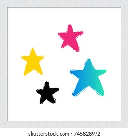 Contrasty stars vector hand drawn fashion sketch. Illustration for decoration, business identity beauty salons, shops. Isolated element on white backdrop in wooden frame.