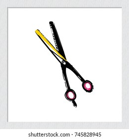 Contrasty thinning scissors vector hand drawn fashion sketch. Illustration for decoration, business identity beauty salons, shops. Isolated element on white backdrop in wooden frame.