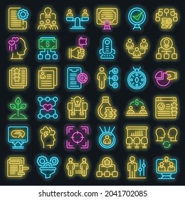 Contribute work icons set. Outline set of contribute work vector icons neon color on black