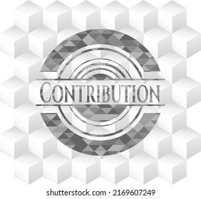 Emblema gris de contribución con fondo blanco cubo geométrico. 