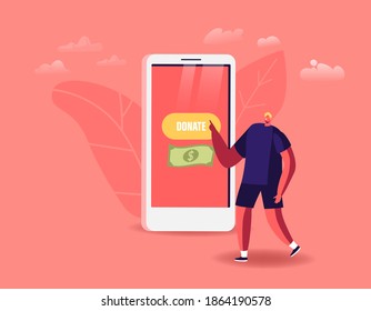 Contribution, Help to People in Need Concept. Tiny Male Character Use Mobile Application for Donation. Donate Money Push Button on Smartphone Screen Application, Charity. Cartoon Vector Illustration