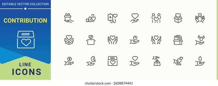 Contribution modern icon. Includes symbols for support, charity, help, foundation, cooperation and more. Donation modern icon set. Trendy minimal icons. Editable stroke. Vector collection.
