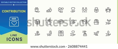Contribution modern icon. Includes symbols for support, charity, help, foundation, cooperation and more. Donation modern icon set. Trendy minimal icons. Editable stroke. Vector collection.