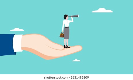 the contribution of others to career development, see business opportunities with support system, businesswoman standing on the big hand while looking at business opportunities with a telescope