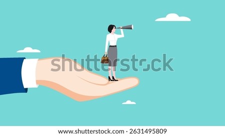 the contribution of others to career development, see business opportunities with support system, businesswoman standing on the big hand while looking at business opportunities with a telescope