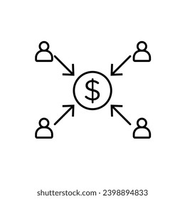 Contribution vector icon. Money donate vector symbol. Contribute donation sign. Payment symbol. Budget line icon in black and white color.