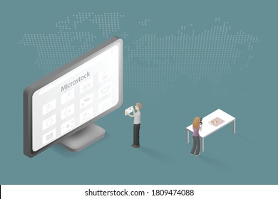 Contributor is picking up a photo of himself and selling it on the microstock website And a female photographer taking a picture of food on the table.