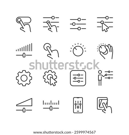 Control and Adjustment, linear style icons set. Setting, toggle switch, slider, hand adjusting, setting. Customization, configuration, system tuning, personalization options. Editable stroke width