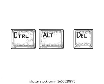 Control Alt Delete computer keyboard keys Undo combination sketch engraving vector illustration. T-shirt apparel print design. Scratch board imitation. Black and white hand drawn image.