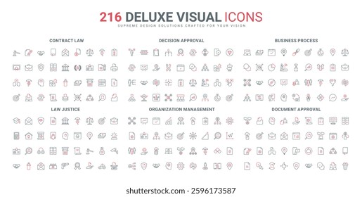 Control and approve document with checkmarks, manage business decision and process line icon set. Staff in org chart and department, law, justice thin black and red outline symbols vector illustration