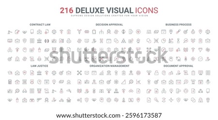 Control and approve document with checkmarks, manage business decision and process line icon set. Staff in org chart and department, law, justice thin black and red outline symbols vector illustration