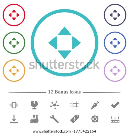 Control arrows flat color icons in circle shape outlines. 12 bonus icons included.
