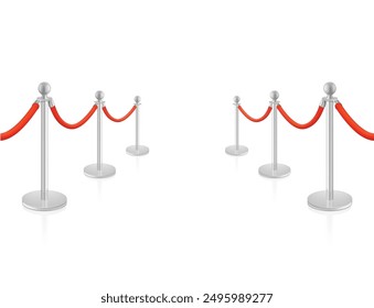 Control barrier posts with red rope Divider mockup. High realistic. Vector illustration isolated on white background. Ready for your design. EPS10.