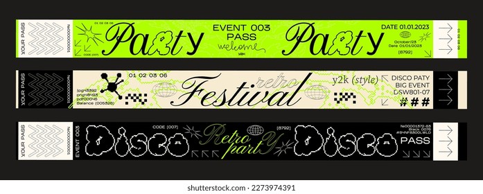 control bracelets for events, disco, festival, fan zone, party, staff. Vector mockup of a festival bracelet in a futuristic y2k style