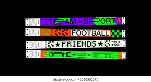 control bracelets for sport team, football team bracelets, friends bracelets, game bracelets, Vector mockup of a sport or festival bracelet in a futuristic style.