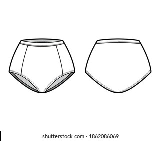 Control briefs panties underwear technical fashion illustration with mid waist rise, full hips coverage. Flat boxers lingerie template front, back, white color style. Women men unisex CAD mockup
