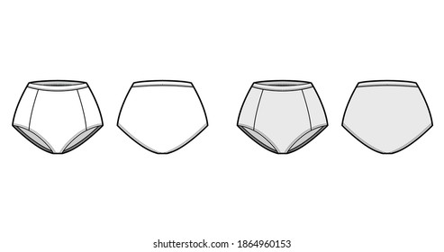 Control briefs panties underwear technical fashion illustration with mid waist rise, full hips coverage. Flat boxers lingerie template front, back, white grey color style. Women men unisex CAD mockup