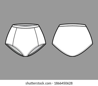 Pantalones de control panties ilustración de moda técnica de ropa interior con elevación de cintura media, cobertura de cadera completa. Plantilla de lencería de boxers planos frontal, posterior, color blanco. Hombres mujeres unisex maquillaje CAD
