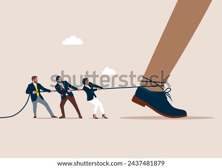 Control. Business people pulling rope the legs boss. Business catch. Flat vector illustration.