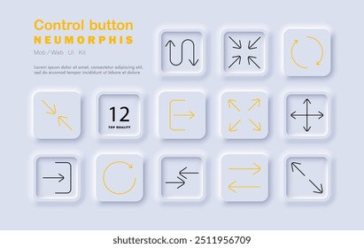 Control button set icon. Arrows, directions, navigation, rotate, expand, minimize, forward, backward, neomorphic style, interface controls