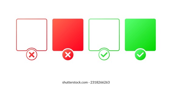 Botones de control. Botones planos, de color, de aceptación y rechazo, botones correctos e incorrectos. Ilustración vectorial.