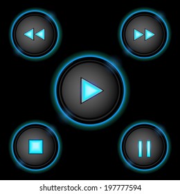 Control Buttons with Glowing Blue Neon Icons and Border on Black