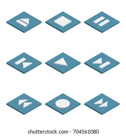 Control buttons player, isolated on white background. Flat 3D isometric style, vector illustration.