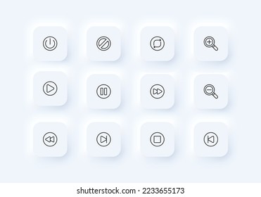 Control buttons set icon. Play, pause, rewind, stop, back, next, zoom in and out, navigation, player, viewer, watch video, plus, minus, power on, off. Technology concept. Neomorphism. Vector line icon
