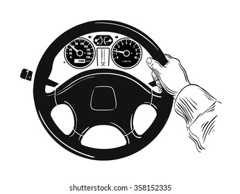 control of the car. hand on car steering wheel. sketch