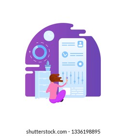Control center, date base. Modern flat style character on interior background. on a white background