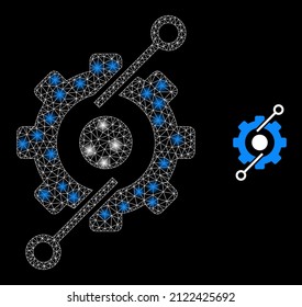 Control del icono del piñón central y de la estructura del piñón central de control de la malla de la constelación con manchas brillantes. Constelación iluminada creada a partir del icono vectorial del engranaje central de control y de la malla triangulada.