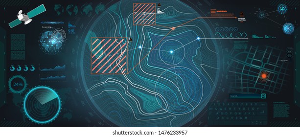 Control Center HUD, Terrain view from satellite with futuristic digital interface. Radar HUD topographic map. Sky fi elements and Earth landscape scanning. concept of communication technology. Vector