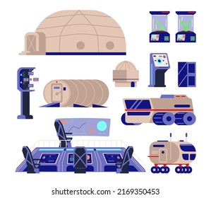 Centro de control y equipo de vuelo espacial de lanzamiento, ilustración de vector de dibujos animados planos aislados en fondo blanco. Transporte de naves espaciales y estaciones espaciales.