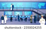 Control center. Military command office. Data security in future. Operation surveillance. Computers and server. Mission management. Officers and workers. Vector design illustration