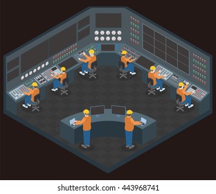 Control Center Room And Working Engineers, Vector Illustration