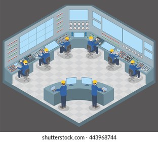 control center room and working engineers, vector illustration