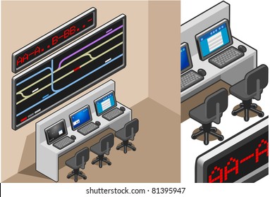 Control Center Security Room. 3D isometric building interior office 