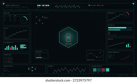 A control center shows a dashboard with various data visualizations. Graphs and icons represent system performance and activity. Details are organized in a clear layout for monitoring events.