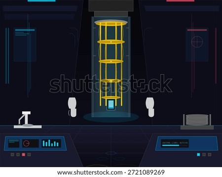 The control center shows a tall yellow structure in the center. It is surrounded by screens and devices. Operators may be monitoring its activity. The room is dimly lit.